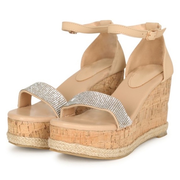 NUDE ESPADRILLE WEDGE SANDAL WITH SILVER RHINESTONE EMBELLISHED STRAP - Picture 6 of 6